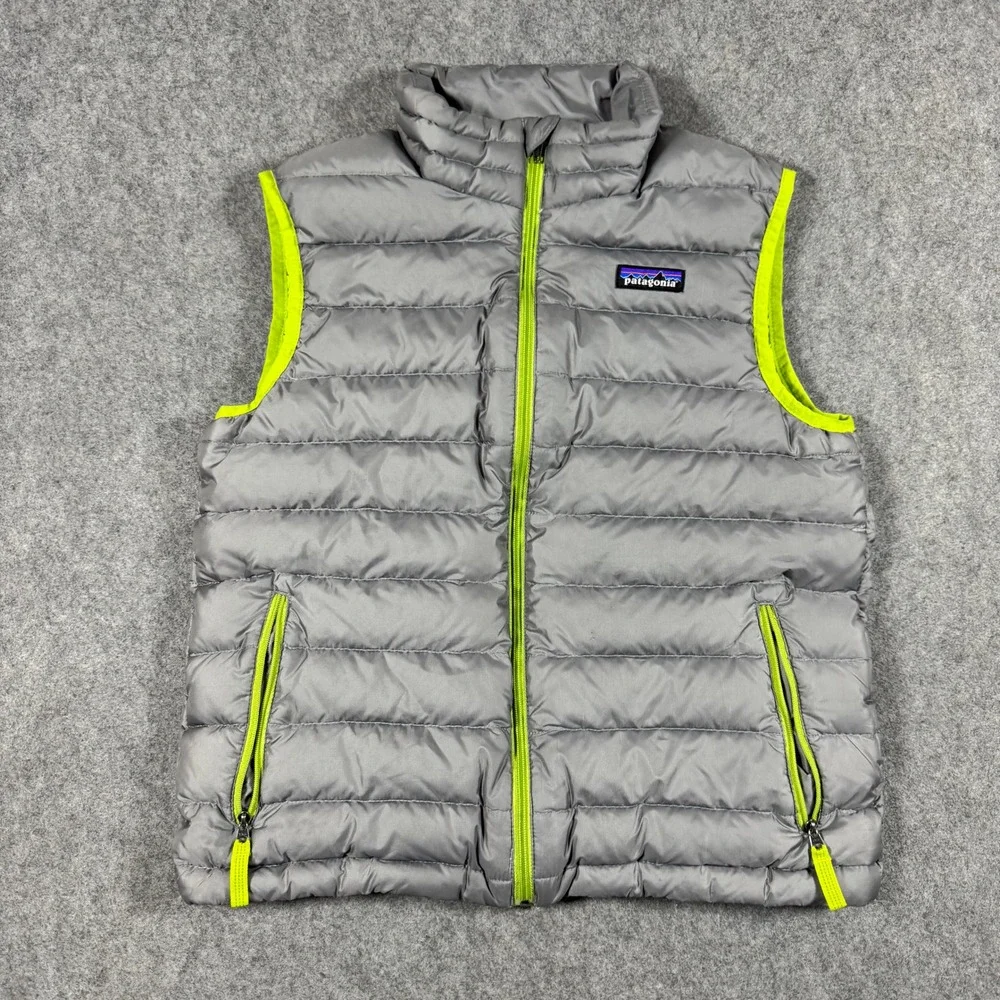 Patagonia Down Sweater Vest Boys L 12 Gray Lime Green 68221 Puffer Quilted Warm